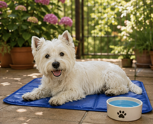 Westie in estate con acqua fresca