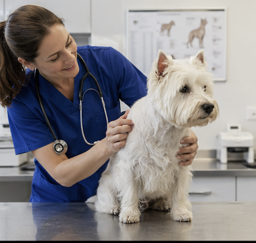 Visita veterinaria del Westie dopo morso di zecca